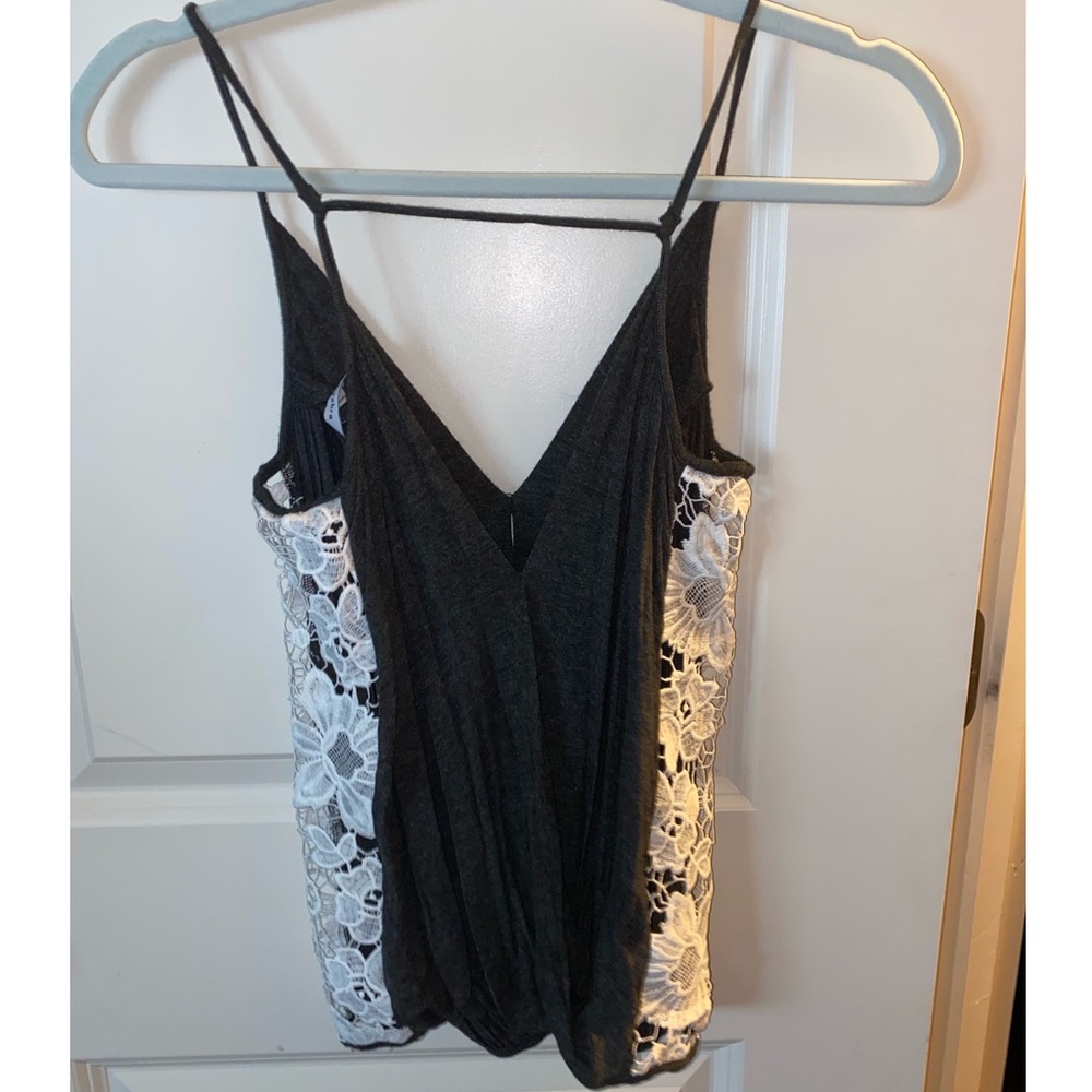 Gray summer top with white lace details